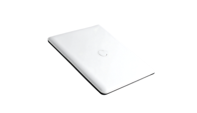 Sleek white laptop, closed, angled slightly, showcasing a minimalist design with a single circular logo