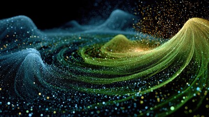 Quantum computing particles and energy fields swirling in abstract formations, illustrating next-generation scientific and technological advances. 