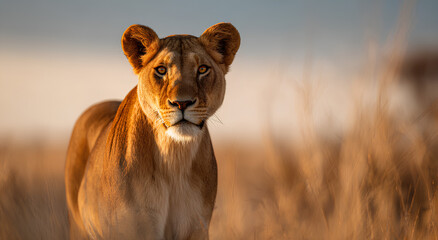 a beautiful lioness stands in the savanna, in a wide shot, captured by national geographic photography.