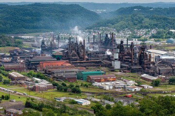 An expansive aerial view of a sprawling industrial steel mill complex, nestled within a valley surrounded by lush greenery.