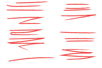 RED color crayon underline set - horizontal hand drawn chalk or marker highlighter strokes. Rough textured pencil lines with textured edges	