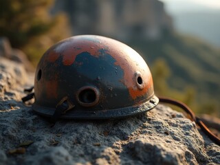 Climbing helmet placed on rock surface outdoors