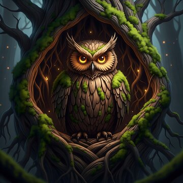 Enchanting Owl Nestled Deep Within an Ancient Moss Covered Tree Trunk Guardian of the Mystical Forest