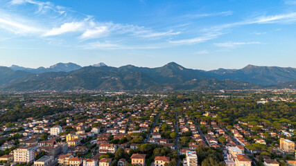 Obraz premium Viareggio Italy, panorama of the city and the Mountains. Aerial landscape