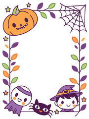 Fototapeta premium Halloween-themed illustration with characters and pumpkin frame 