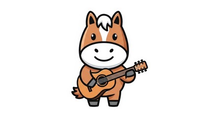 A cute cartoon horse playing an acoustic guitar with a happy expression.