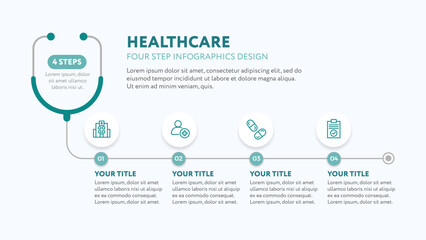 Obraz na płótnie Canvas Medical infographics template with stethoscope - 4 step illustration for business presentation slide with icons in flat style