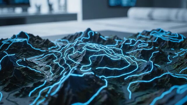 Mountain Topography Model With Glowing Blue Lines on Table in Office Setting During Daytime