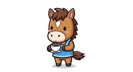 Naklejka premium A cute cartoon horse wearing a blue apron and holding a cup of coffee.