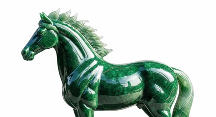 Obraz premium A striking, polished green jade sculpture of a horse in profile against a white background.