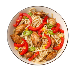 Delicious noodles with meat and vegetables in bowl isolated on white, top view
