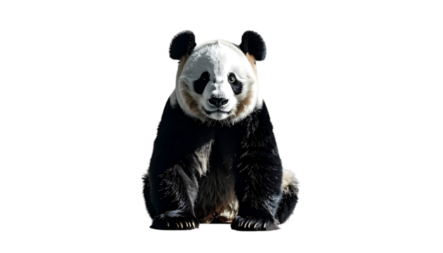 A seated giant panda, viewed from the front, against a black background, displaying its distinctive black and white fur, and rounded ears