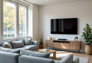 Fototapeta premium Modern Living Room with Large Window and Comfortable Seating