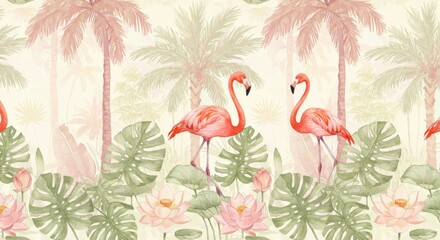 Watercolor Flamingo and Tropical Plants Seamless Pattern.