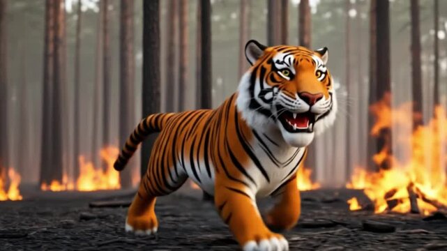 Wild Cartoon Tiger on the Run: A Predator Animal's Escape from Fire