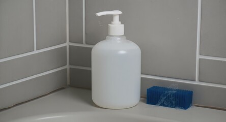 Liquid Soap Dispenser and Brush in a Bathroom.