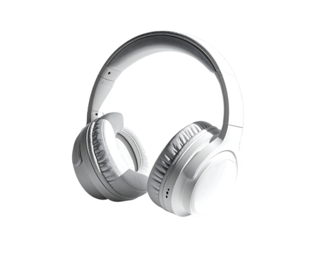 Sleek, silver over-ear headphones with padded earcups and a comfortable headband, shown in a three-quarter view against a black background