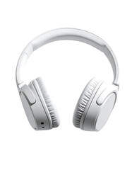 A pair of sleek, white over-ear headphones with rounded earcups, a padded headband, and subtle detailing