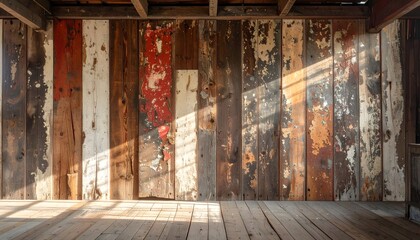 Obraz premium Rustic wooden wall with sunlight for backgrounds