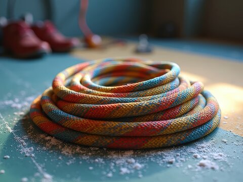 Climbing rope coiled neatly on padded floor indoors