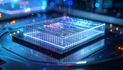 Futuristic microchip glows with vibrant energy