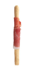 Delicious grissini stick with prosciutto isolated on white