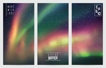 Northern lights. Green aurora borealis. Abstract vector banner set