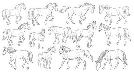 A collection of detailed line drawings of horses in various poses and gaits, showcasing their anatomy and movement.