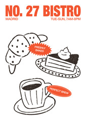 Cafe poster vector template with hand drawn coffee, croissant, cake. Bistro flyer or menu design. Modern retro doodle illustration for bakery promotion or restaurant advertisement