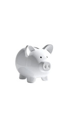 A simple, white, cartoonish piggy bank, slightly angled, isolated on a black background.  It has small, simple features (1)