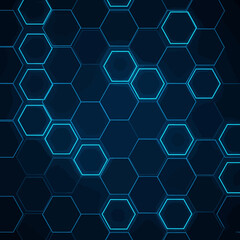 Abstract graphic design featuring a dark blue background with glowing hexagonal shapes.