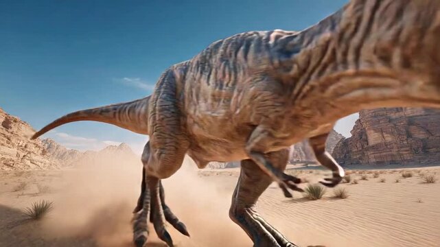 Jurassic Runner: A formidable Allosaurus, depicted in photorealistic detail, dominates a stark, dusty terrain, epitomizing the primal power of the Mesozoic era.