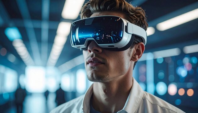 Young man deeply immersed in an advanced virtual reality experience, exploring digital worlds with a futuristic headset in a high-tech environment