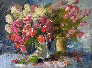 Painting by the author «Bouquet of white and pink roses in vases». Colourful oil painting on canvas. Oil paint texture with brush strokes. Modern art, cover design concept.