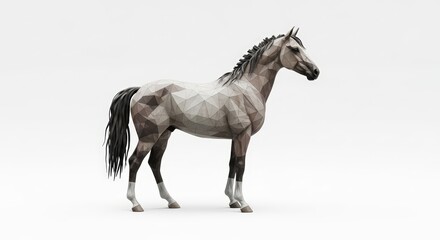 Fototapeta premium A low-poly 3D model of a dappled grey horse standing on a white background.