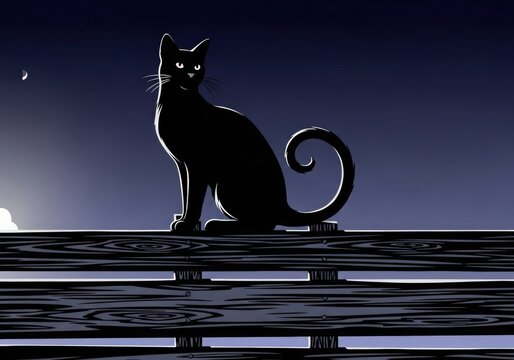 Silhouette of a black cat perched on a wooden fence under a moonlit night sky