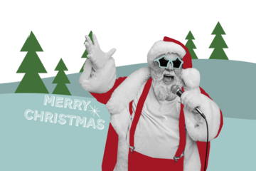 Composite photo collage of excited man santa claus sing microphone karaoke new year event tree snow isolated on painted background