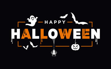 Halloween banner Vector with Happy Halloween lettering, silhouettes icons for Social Media, Website, Blog, Card, E-mail, Party Invitations, Printables