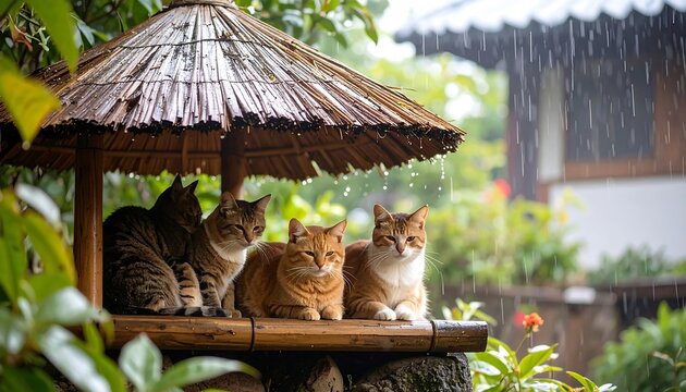 Cats under thatched roof in rain
