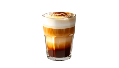 A layered coffee drink in a clear glass, showcasing espresso, steamed milk, and a foamy top dusted with cinnamon