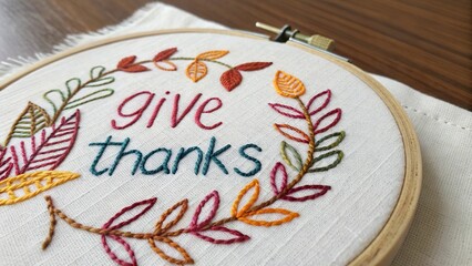 Embroidered fabric featuring stitched 'give thanks' surrounded by colorful leaf designs