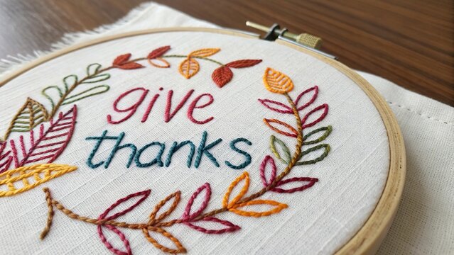 Embroidered fabric featuring stitched 'give thanks' surrounded by colorful leaf designs