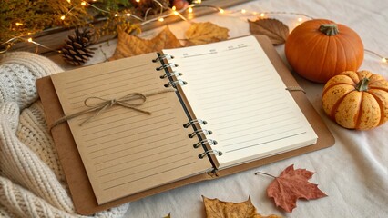 Kraft covered notebook with string surrounded by seasonal leaves and pumpkins on a cozy autumn setting