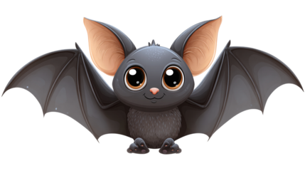 Cute cartoon bat with big round eyes and friendly wings spread, isolated on transparent background 