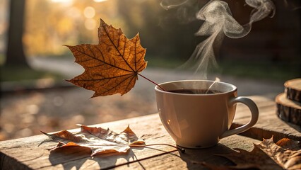 Maple leaf gently floating in a warm cup of tea surrounded by autumn leaves during a sunny afternoon