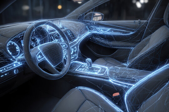 The car's interior features a high-tech digital touchscreen interface. This modern electric vehicle showcases cutting-edge automotive technology and innovation.