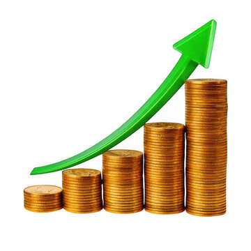  Increasing stacks of golden coins with a smooth upward green arrow, representing financial success and growth with an environmentally positive connotation, isolated on a transparent background