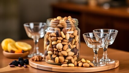 Naklejka premium Luxury Jar of Mixed Nuts and Dried Fruits with Glasses on Wooden Table 