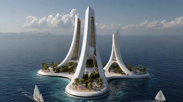 Futuristic Island Cityscape: A breathtaking digital rendering showcases an ultramodern island city, with towering architectural marvels, set against the backdrop of a vast, tranquil ocean.