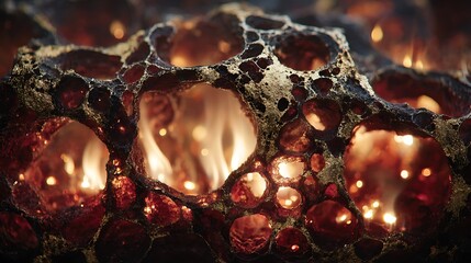 Molten Porous Rock Texture with Glowing Embers and Fiery Light
